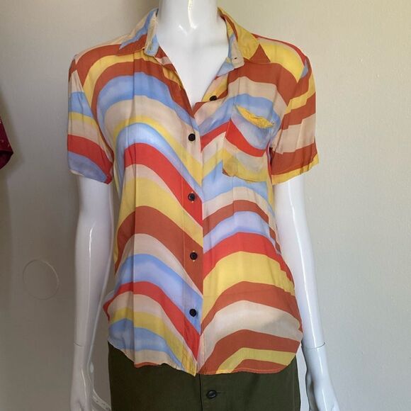 Solid and Striped Blue Orange and Cream Retro Wave 70's Style Button Down Shirt - Picture 7 of 14